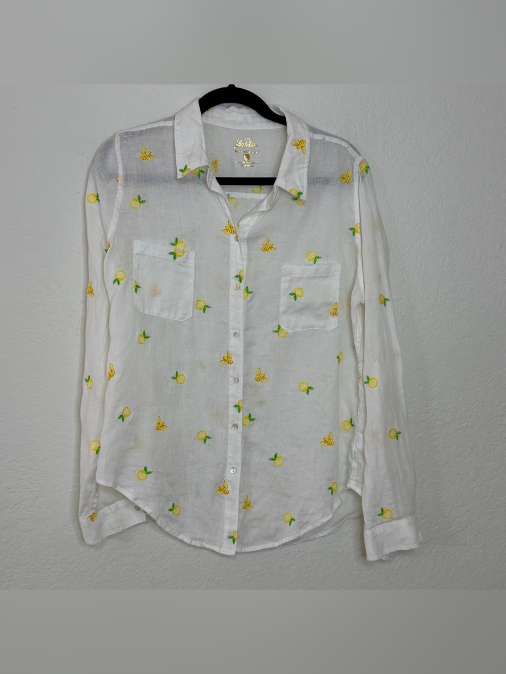 Lilly Pulitzer Seacoast 100% Linen White Bee Lemon Button Up Shirt Women’s Large